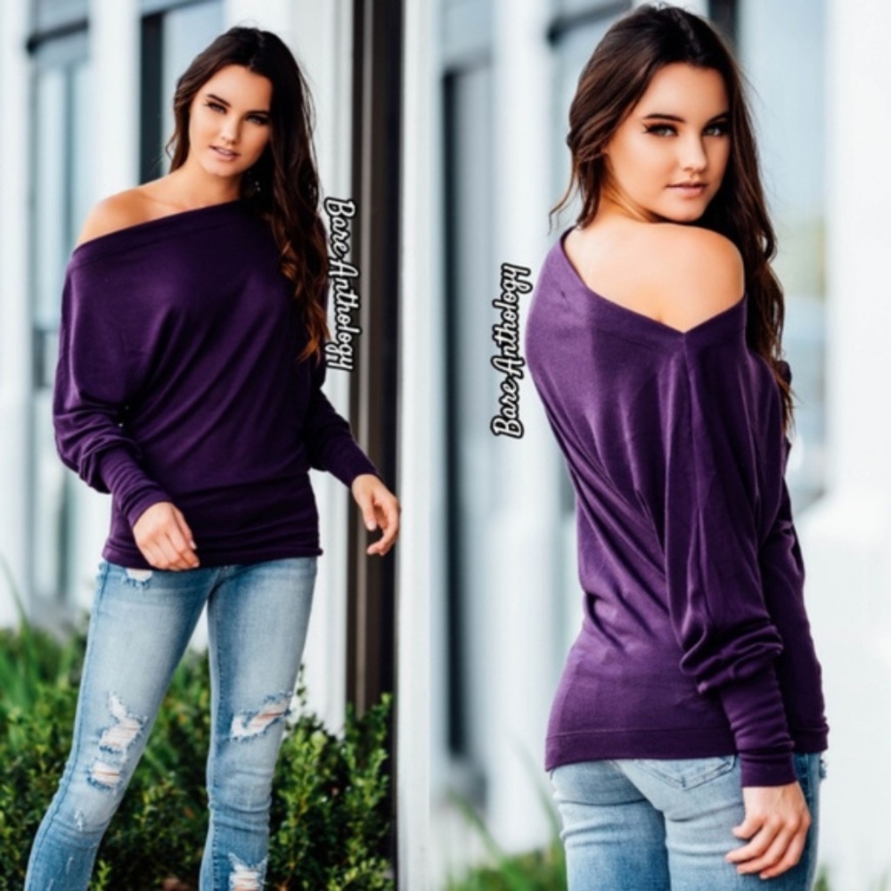 Purple Solid Off Shoulder Knit Dolman Sleeve Top - Picture 2 of 2